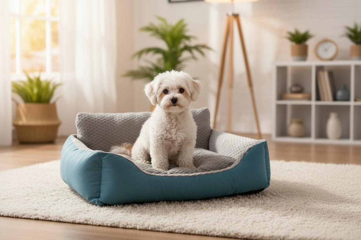 Alert dog in teal bed