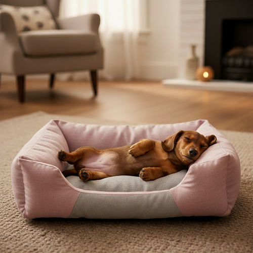 Dachshund in pink bed no label