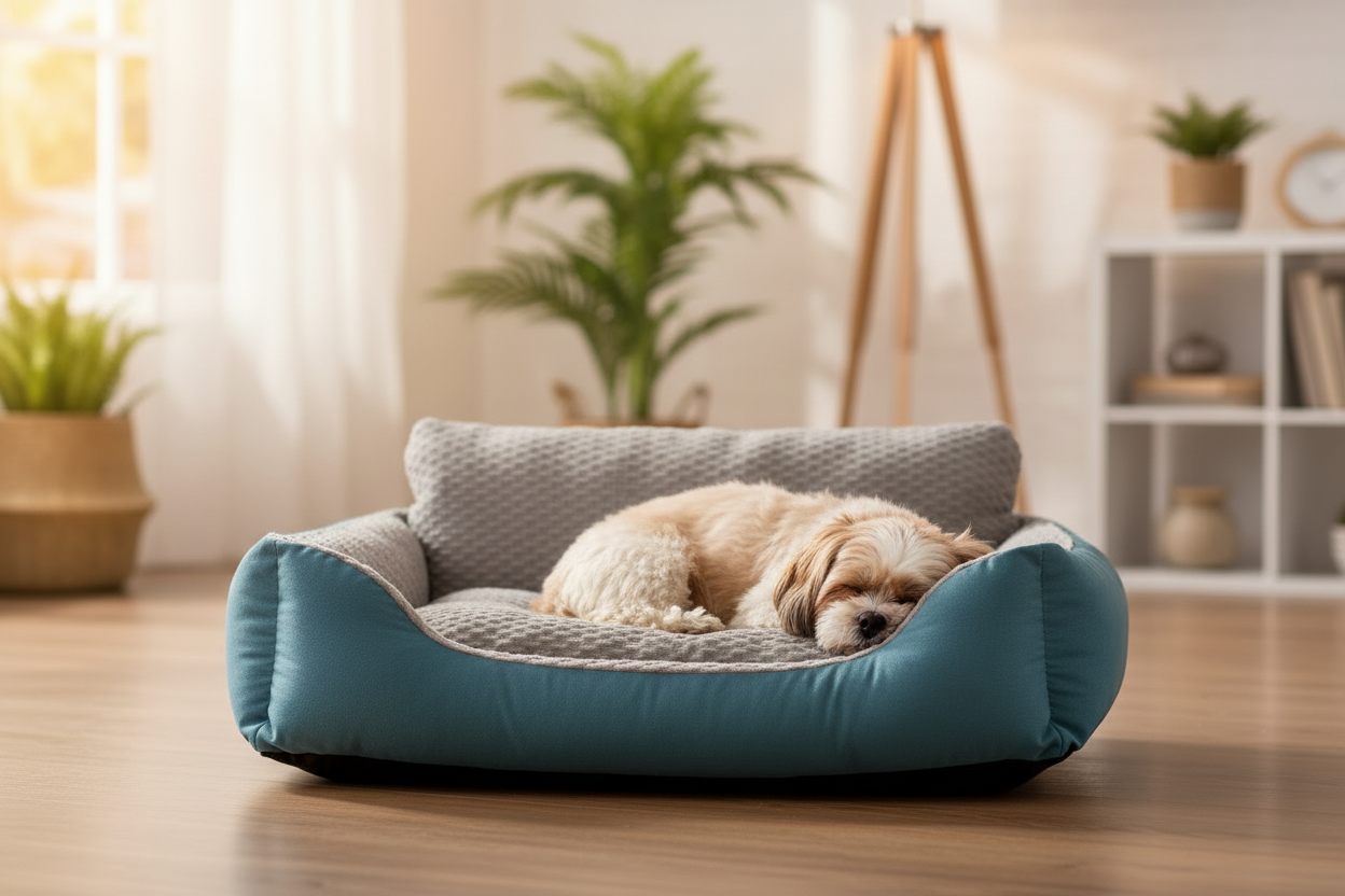 Different breed resting in teal bed