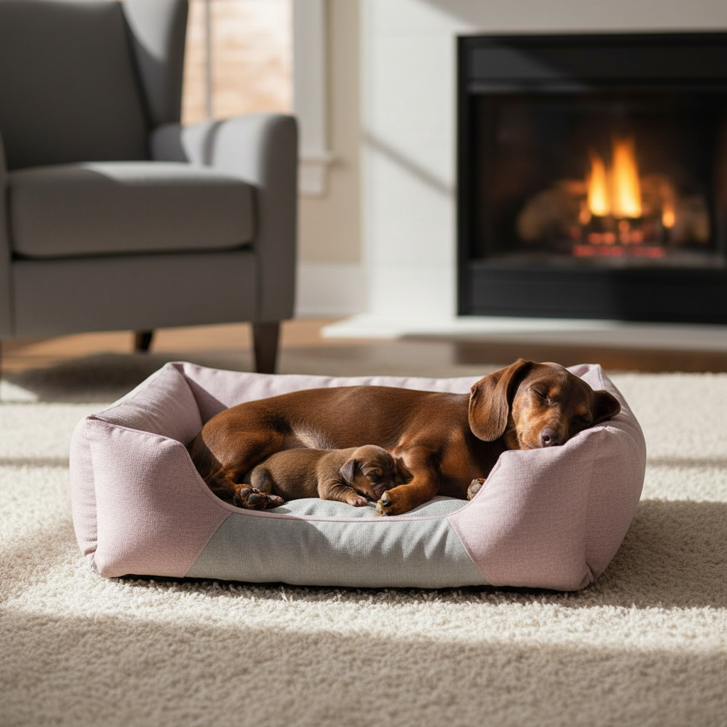Mum and puppies in the pink linen bed lifestyle